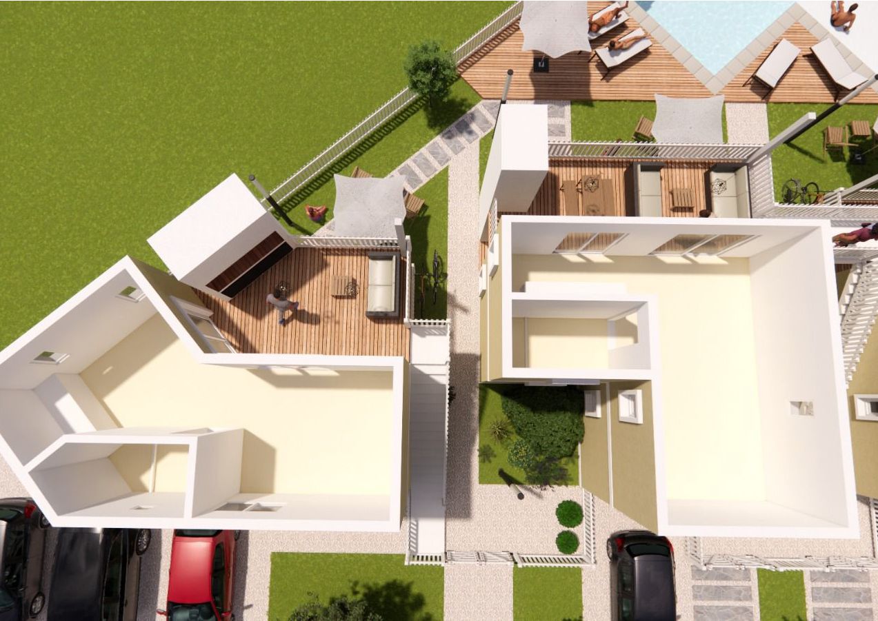 Vista superior renderizada de los departamentos y sus espacios exteriores.